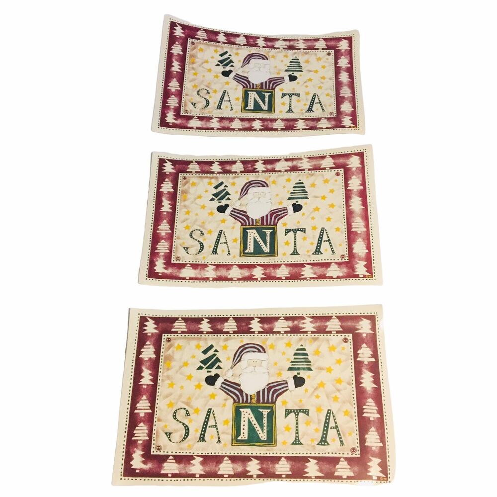 Vtg Set of 3 Town & Country Vinyl Placemats Santa Claus Christmas Trees Border